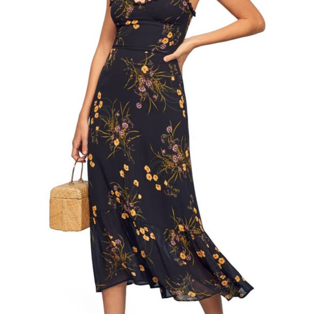 Reformation Navy Floral Midi Dress with Yellow Accents - Picture 3 of 15